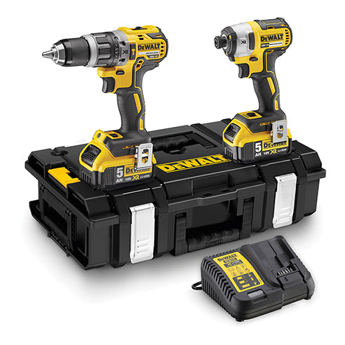 DeWalt Combi Drill & Impact Driver XR 18v Brushless Kit inc 2 x 5.0Ah Batteries, Charger & Tough System Kit Box