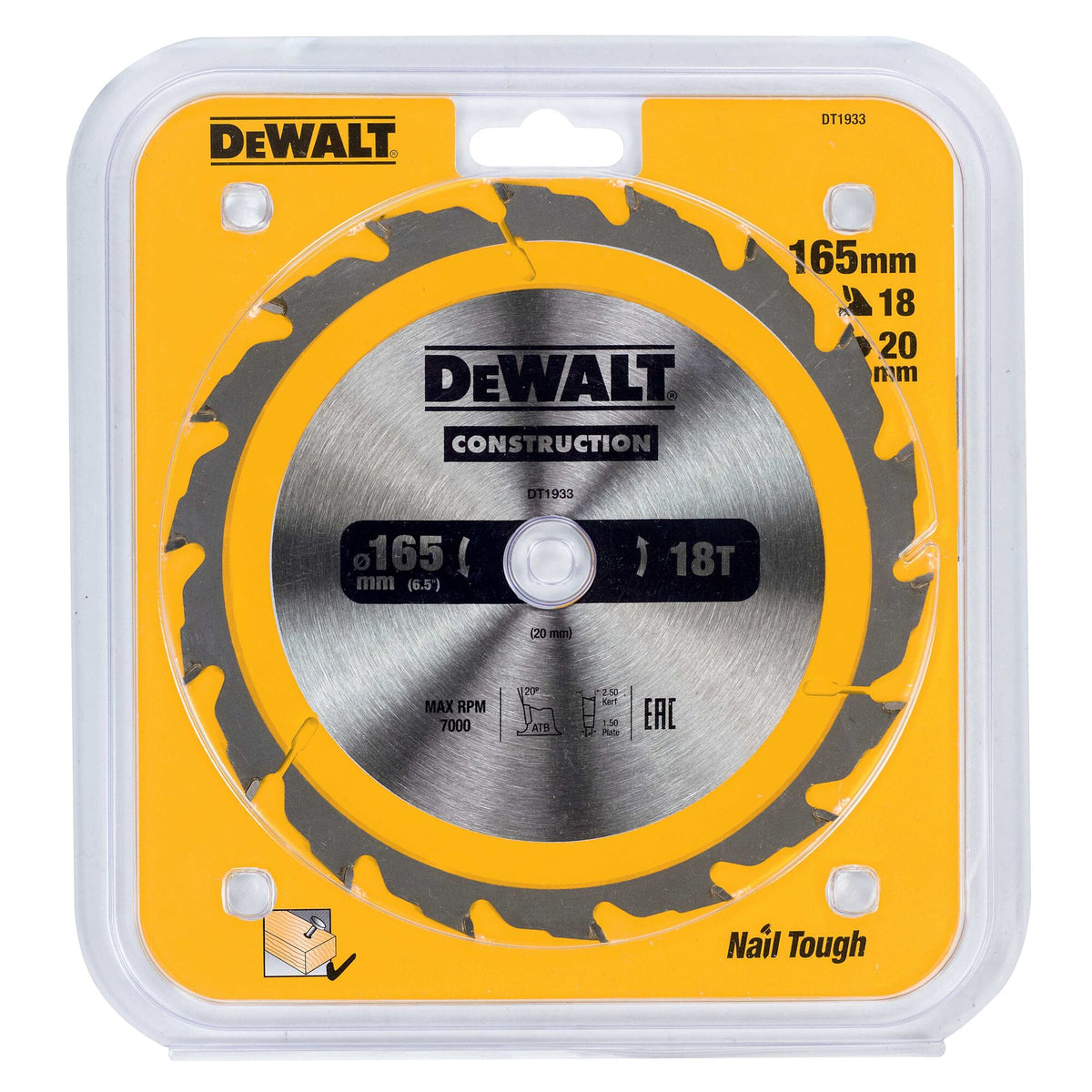 165mm x 20mm x 18T DeWalt  Construction Circular Saw Blade