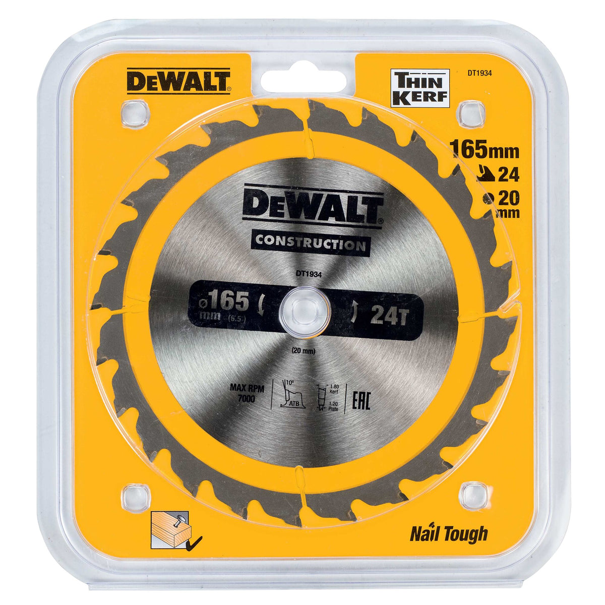 165mm x 20mm x 24T DeWalt  Construction Circular Saw Blade