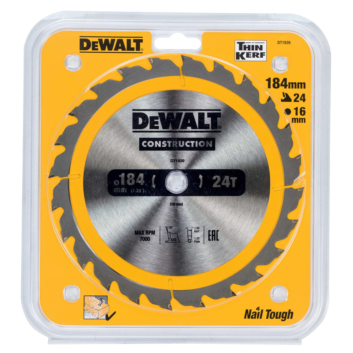 184mm x 16mm x 24T DeWalt  Construction Circular Saw Blade