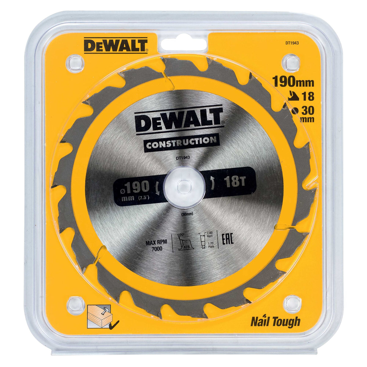 190mm x 30mm x 18T DeWalt Construction Circular Saw Blade