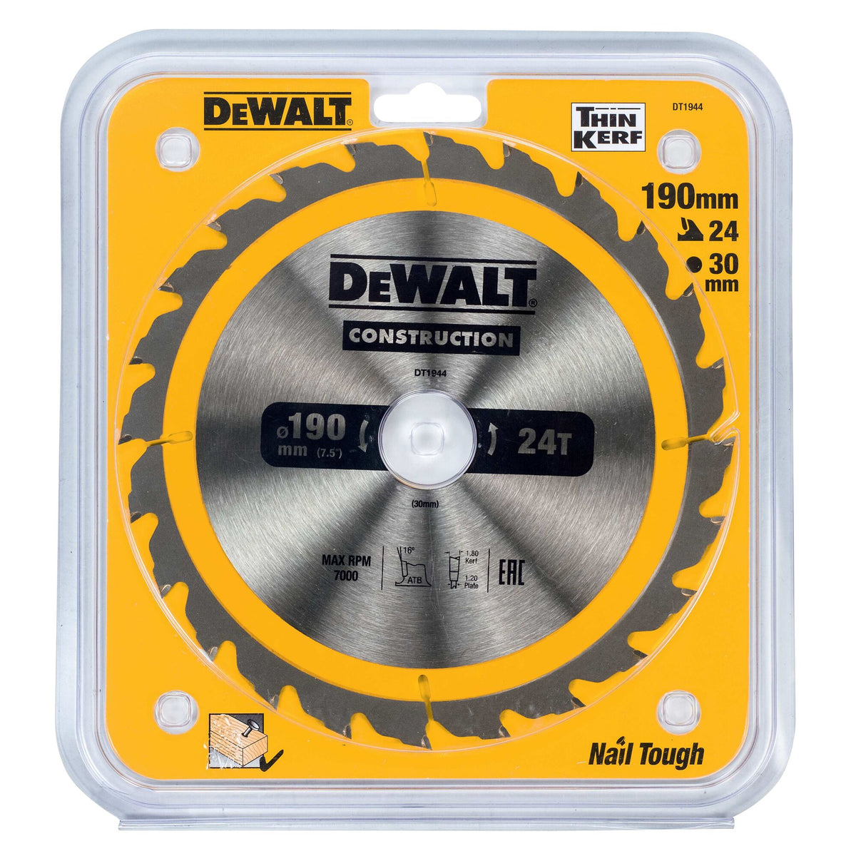 190mm x 30mm x 24T DeWalt  Construction Circular Saw Blade