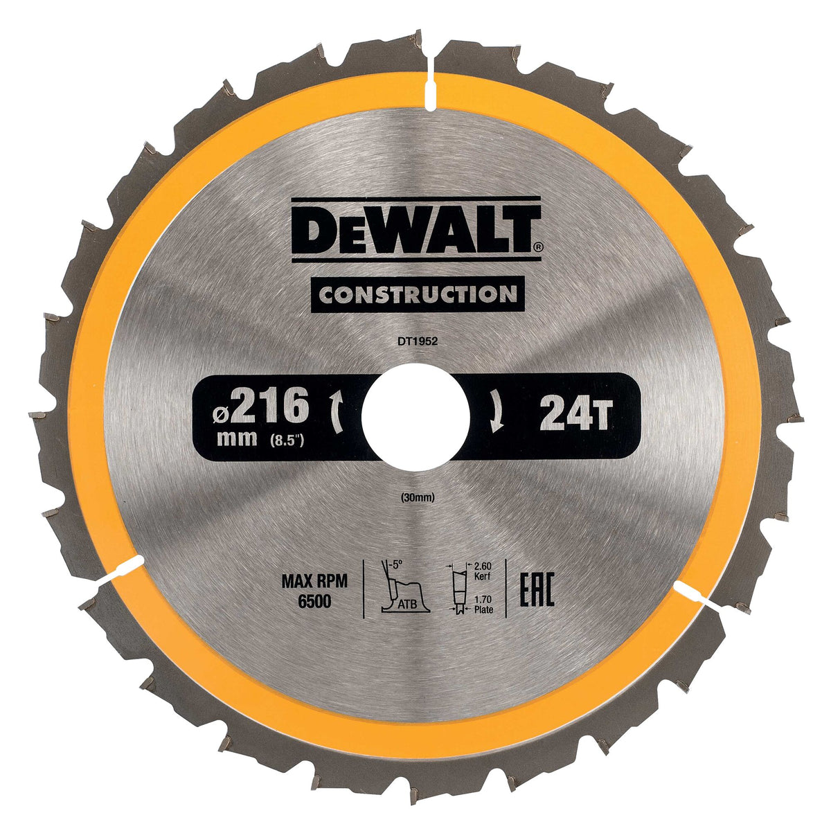 216mm x 30mm x 24T DeWalt  Construction Circular Saw Blade