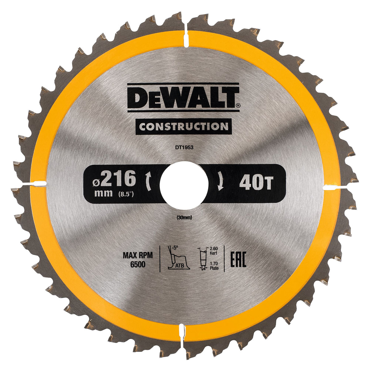 216mm x 30mm x 40T DeWalt  Construction Circular Saw Blade